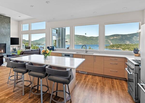 Large kitchen and kitchen island in ocean view custom home