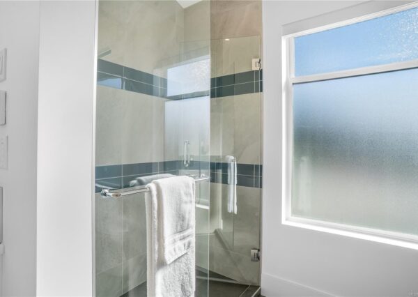 Glass shower in master ensuite with blue tile