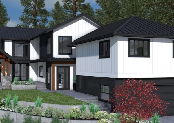 Black and white exterior with black metal roof and timber frame beams