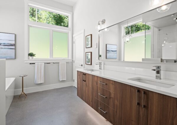 Master bathroom with double floating vanity and chrome hardware