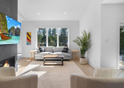 Living room with white oak hardwood flooring