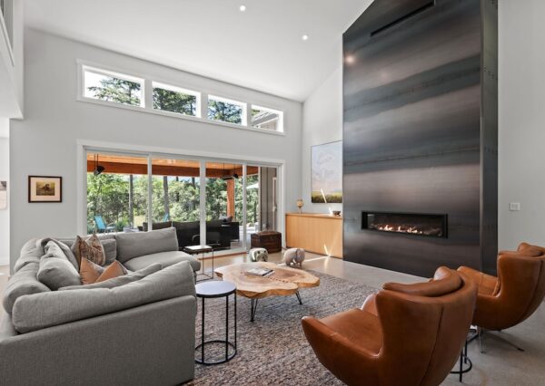 Family room with gas fireplace and large sliding doors