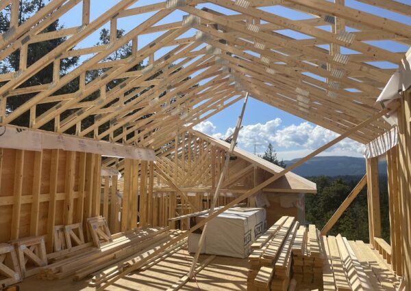 Roof trusses on custom build home in Shawnigan