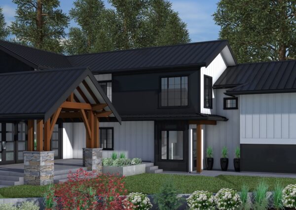 Custom home exterior design with black and white siding