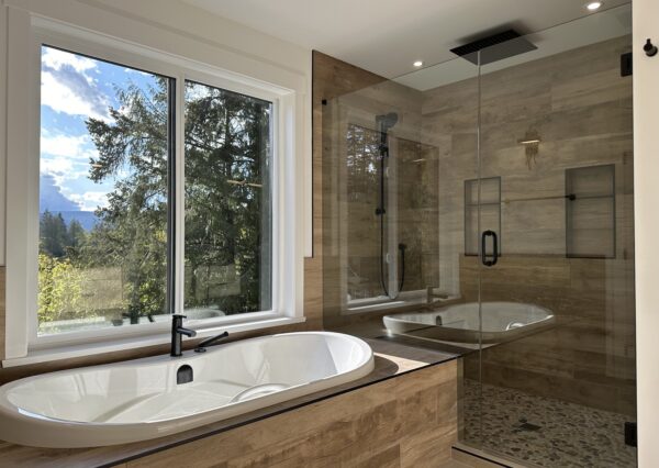 Master bathroom with large shower and bath tub