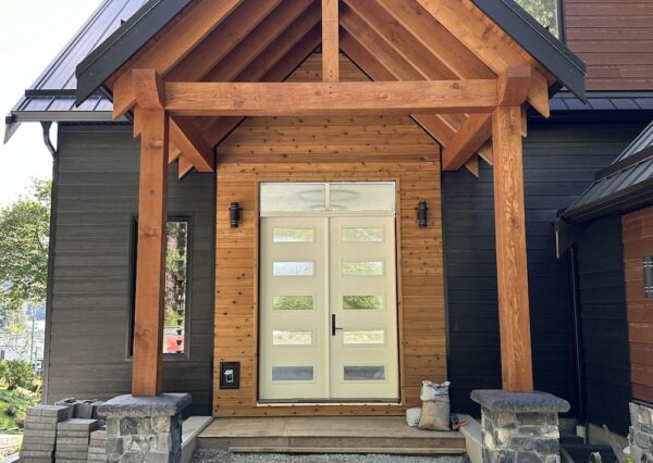 Timber frame front entrance at Shawnigan Lake custom home